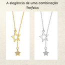 Colar Feminino Estrela Dupla com Strass Banhado Ouro Prata Delicado Feito Zinco