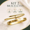 Kit 2 Braceletes Femininos Aço Inox Love Prego Trevo Lisa Prata Dourado